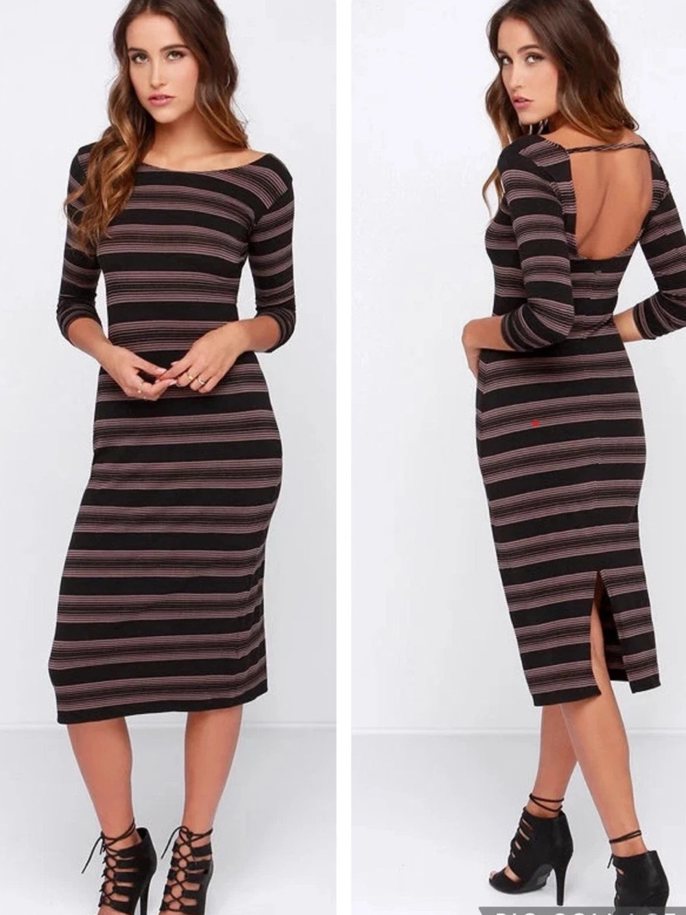 EUC O’Neill Aries Taupe Black Striped Midi Dress long sleeved purple backless